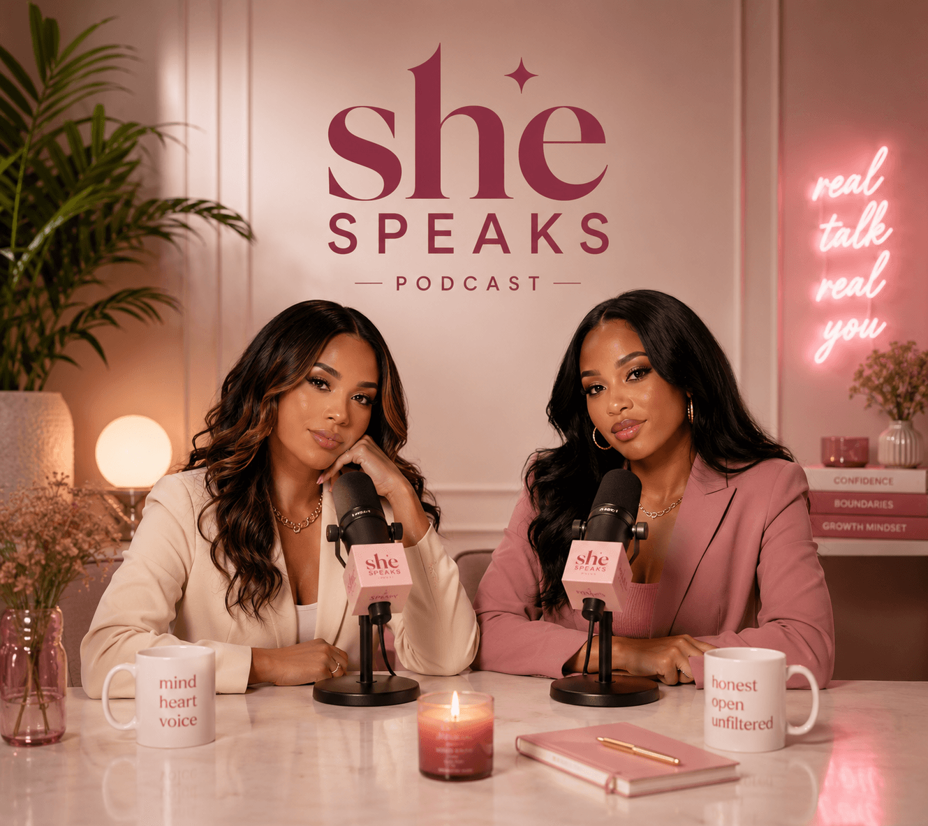 Two hosts in a warm beauty and lifestyle podcast studio.